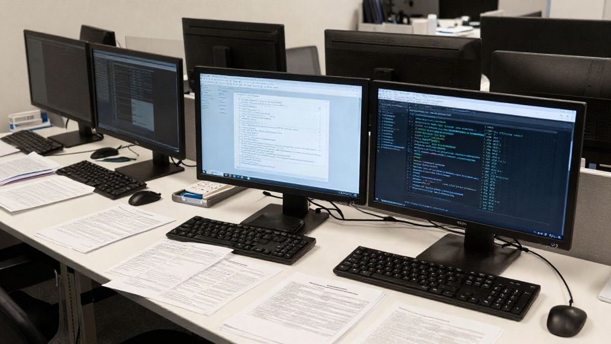 Illustrative image: modern office with audit documents and technology, symbolising transformation in the auditing sector.