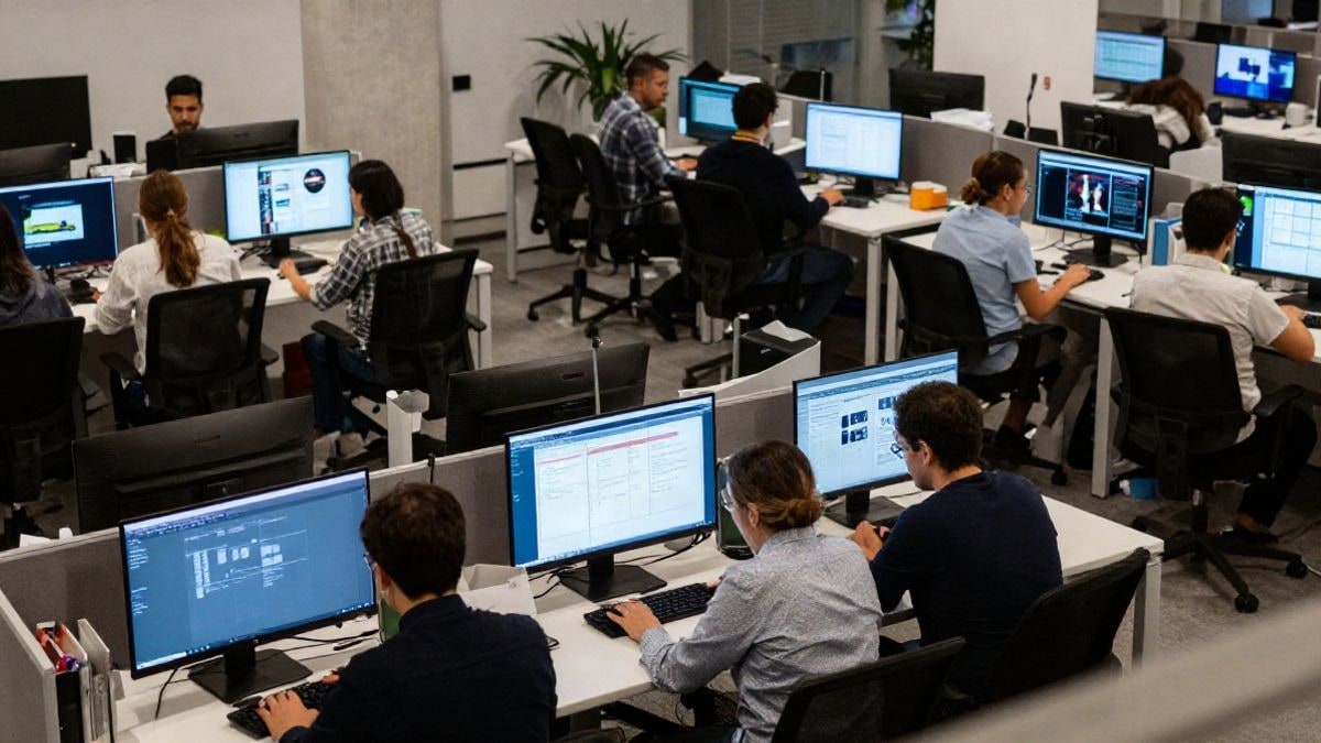 Imagen ilustrativa: un entorno de oficina moderna que muestra elementos de tecnología y finanzas, con pantallas digitales y un espacio de trabajo colaborativo