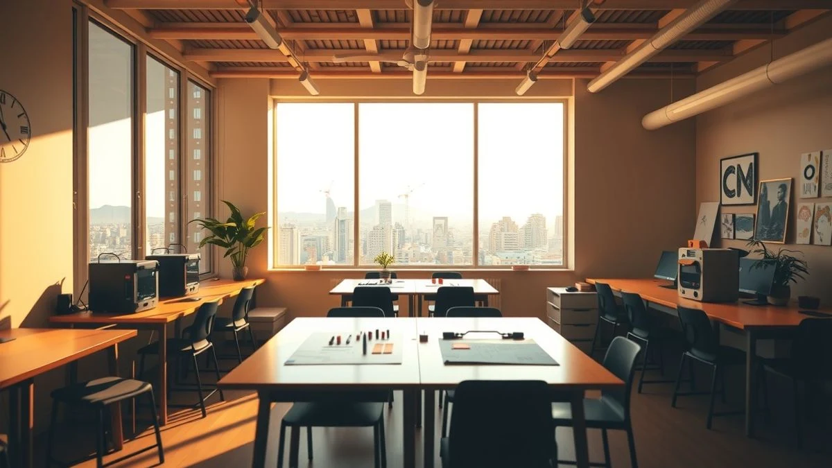 Imagen ilustrativa: espacio de coworking con luz natural y herramientas creativas, sin personas