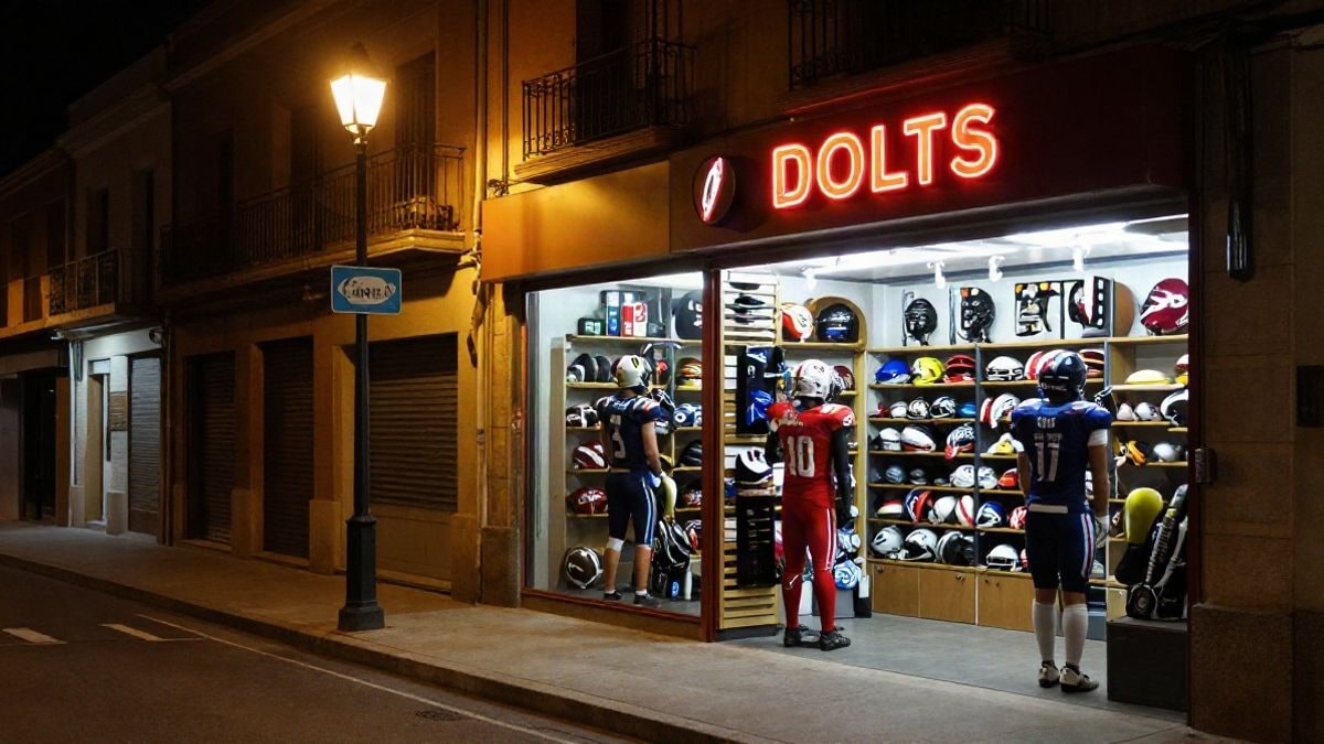 Illustrative image: nighttime scene of a sports equipment store illuminated, with neon lights and street lamps, representing the football atmosphere.