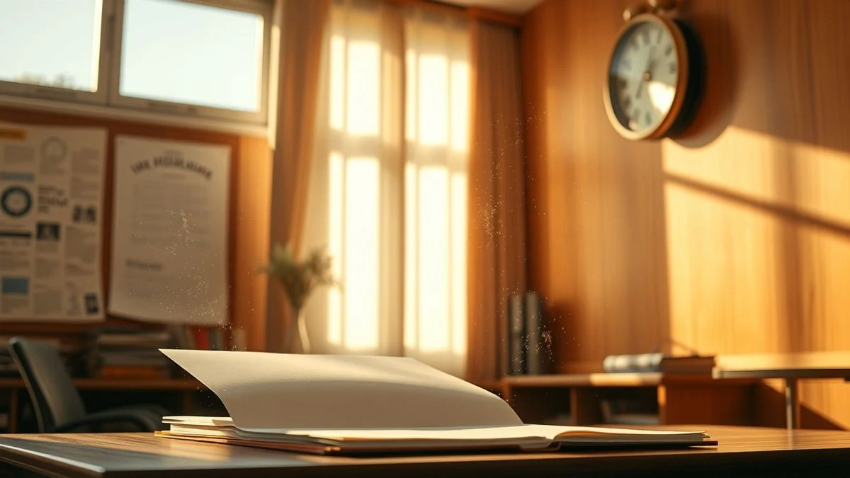 Interior de una oficina gubernamental con luz de ventana lateral, una carpeta abierta y un reloj de pared marcando el atardecer