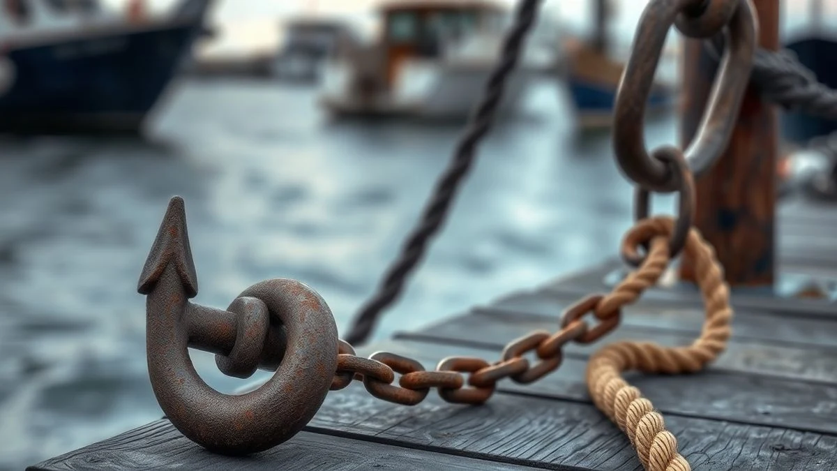 Primer plano de una cadena de ancla oxidada sobre un muelle de madera, con el mar de fondo desenfocado.