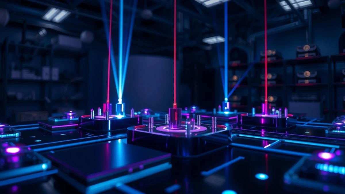 Mesa óptica con láseres y trampas de átomos en laboratorio de computación cuántica