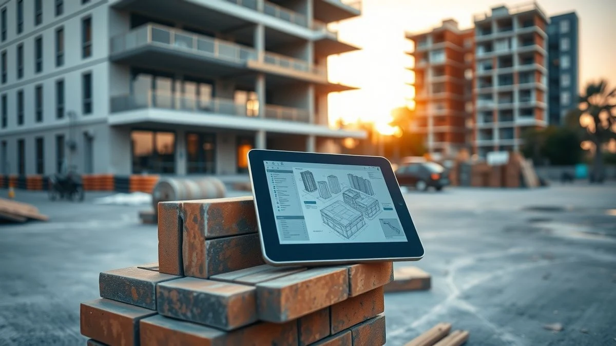 Tableta digital con planos BIM sobre ladrillos en una obra de rehabilitación al atardecer