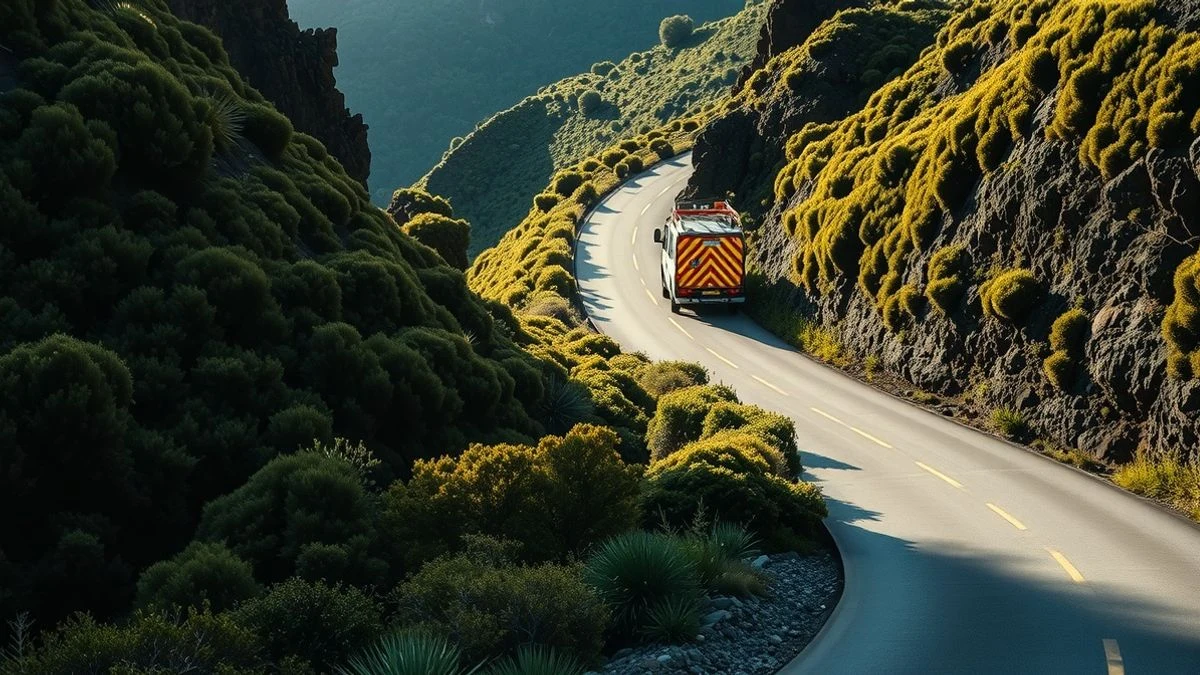 Carretera de montaña en La Gomera con un vehículo de mantenimiento al fondo