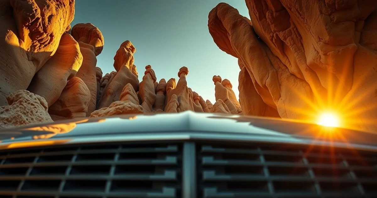 Formaciones rocosas de El Torcal de Antequera al atardecer con un coche de lujo en primer plano desenfocado
