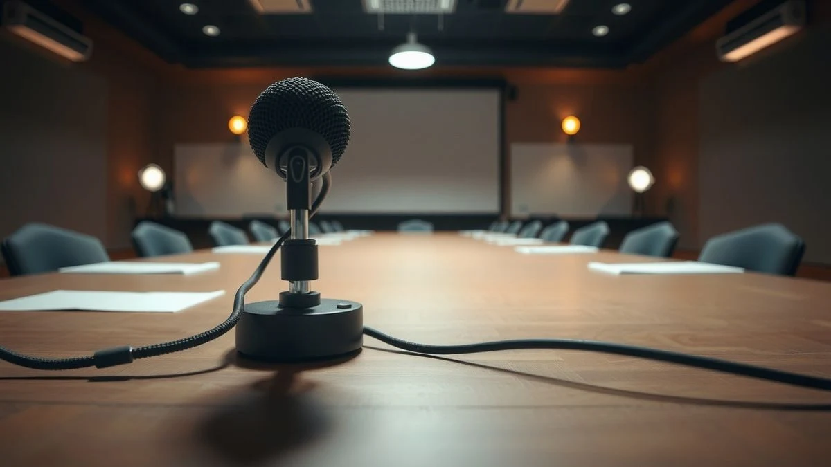Imagen ilustrativa: Primer plano de un micrófono sobre una mesa de debate vacía en un estudio de televisión, con atril y luces apagadas al fondo.