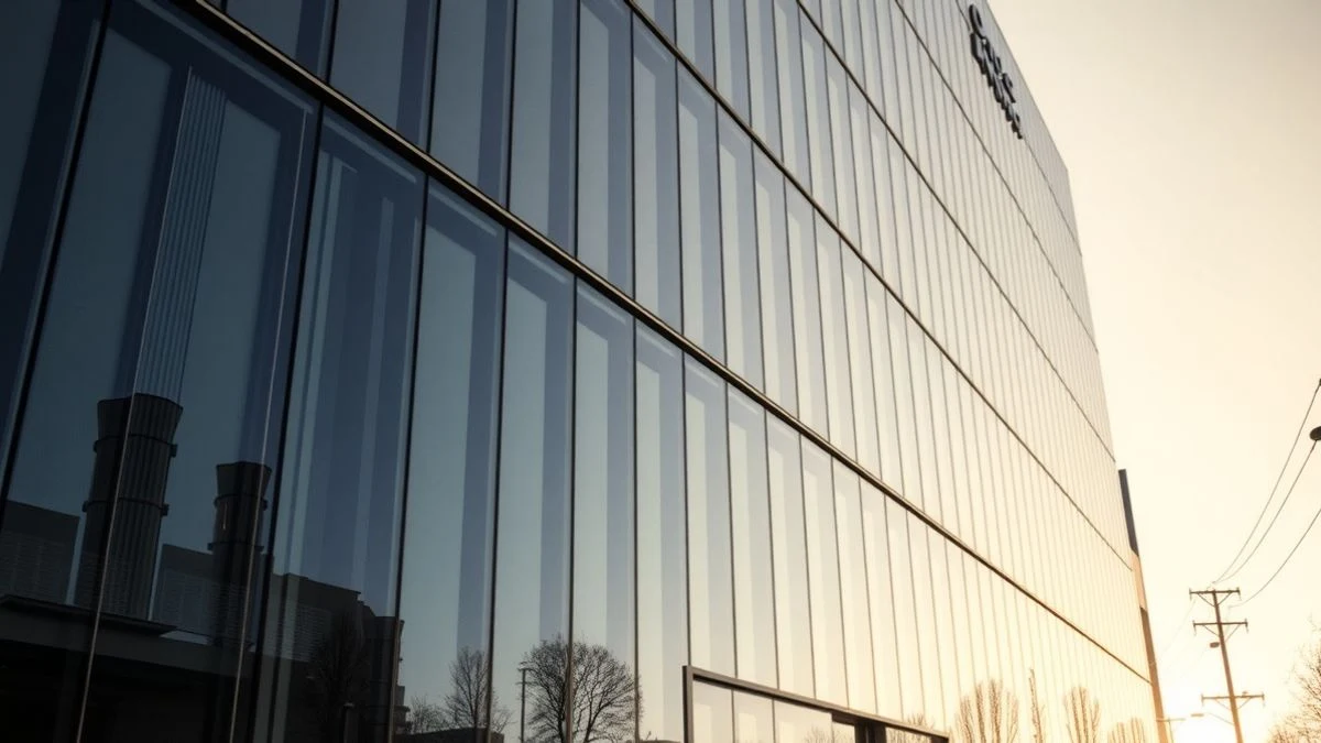 Imagen ilustrativa: fachada de un edificio de oficinas moderno con luz de atardecer y una figura borrosa de espaldas