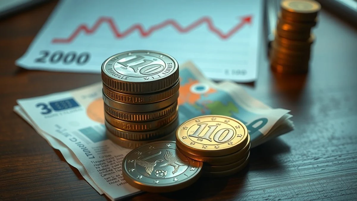 Imagen ilustrativa: monedas y billetes de euro vistos desde arriba con un gráfico de tendencia decreciente de fondo