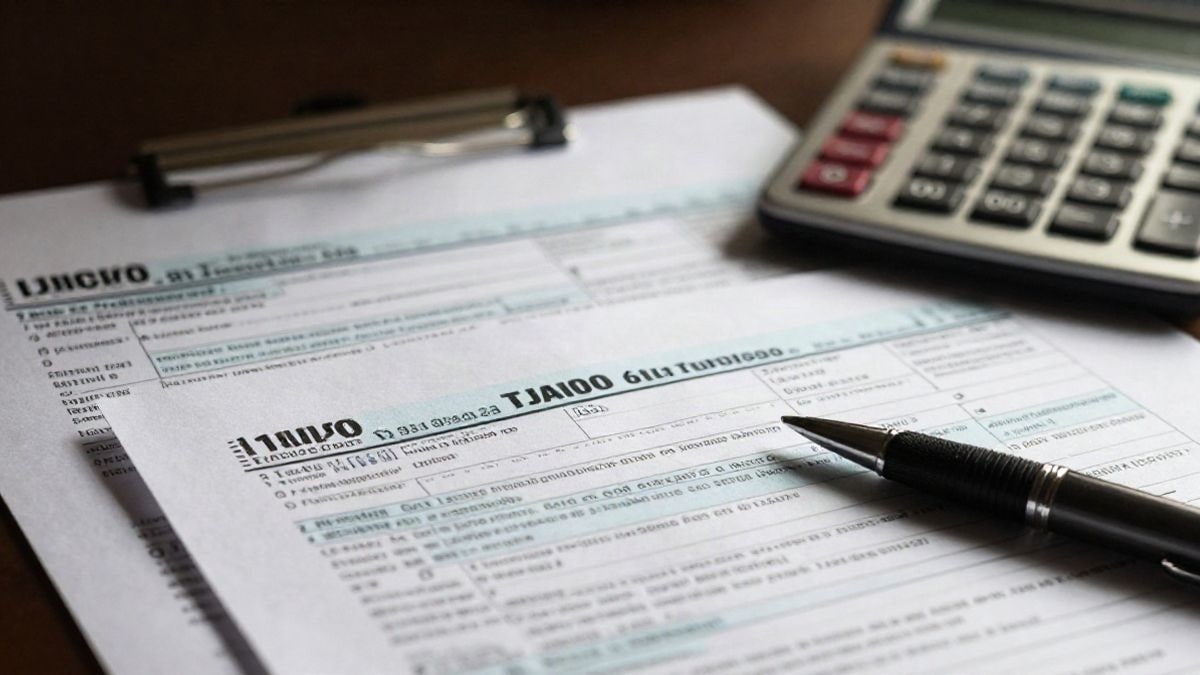 Imagen ilustrativa: documentos financieros y formularios fiscales sobre un escritorio, con una calculadora y un bolígrafo, representando el tema de la tributación.