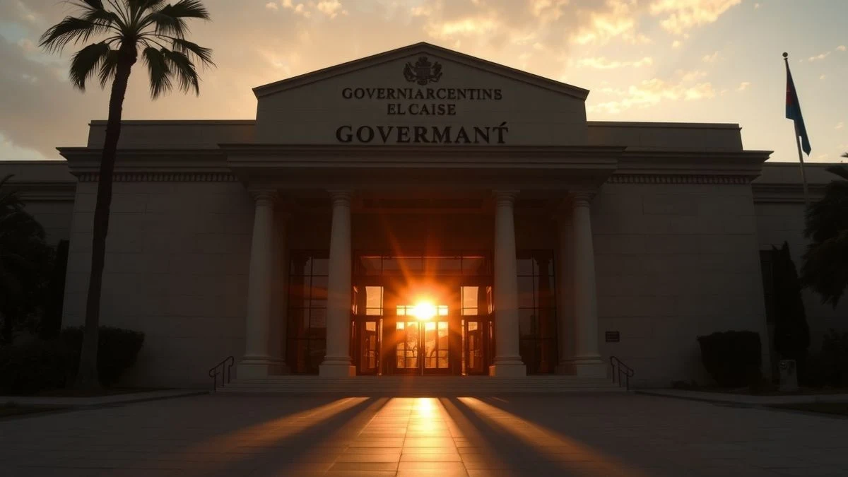 Imagen ilustrativa: edificio institucional al atardecer con sombras largas y siluetas de personas de espaldas