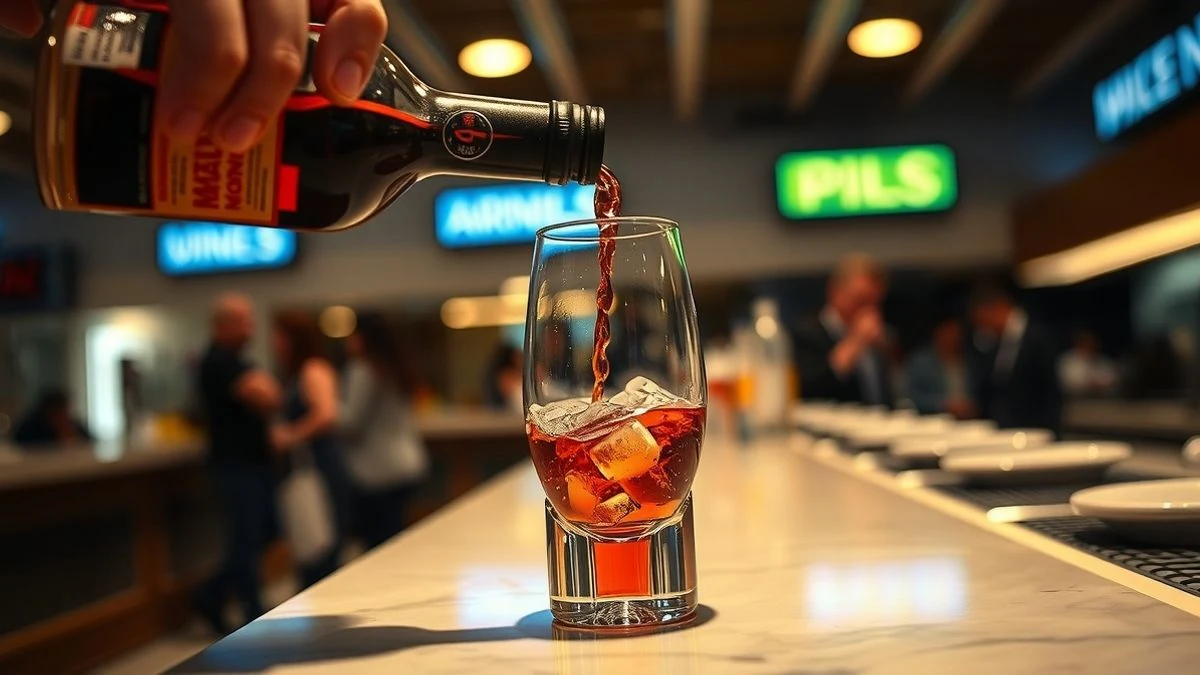 Imagen ilustrativa: botella de vermut sirviéndose en un vaso sobre la barra de un bar de aeropuerto