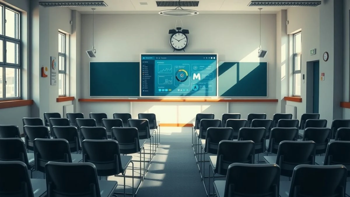 Aula vacía con pantalla que muestra gráficos de marketing digital e iconos de inteligencia artificial, luz natural entrando por las ventanas