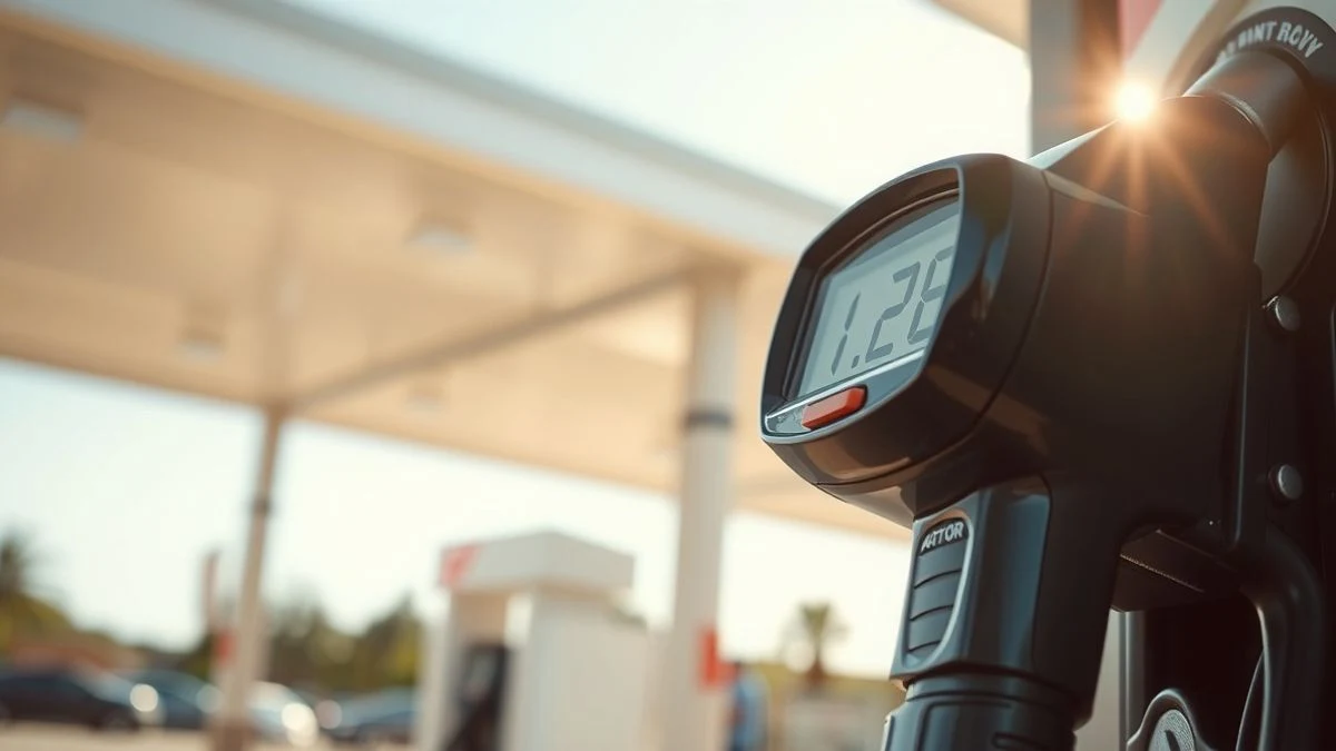 Boquilla de surtidor de gasolina con indicador de precio, fondo de gasolinera desenfocado