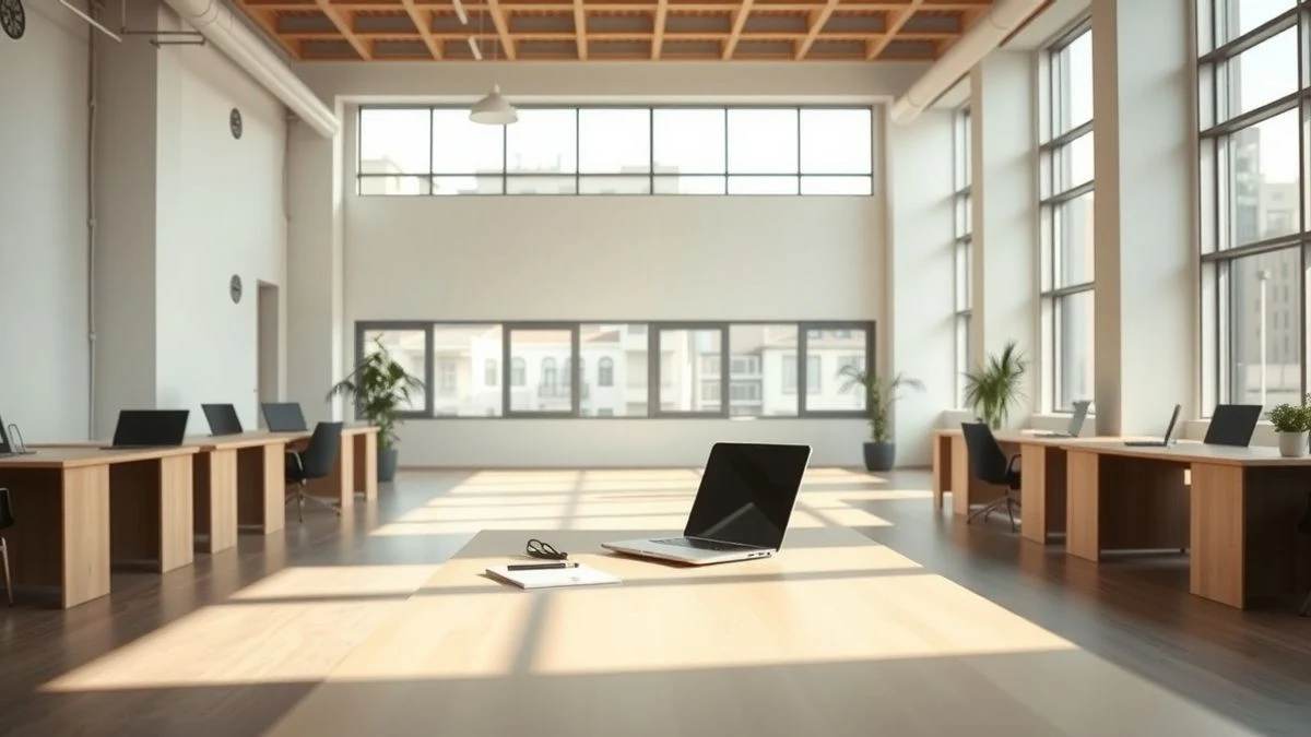 Mesa de oficina vacía con ordenador portátil y libreta, luz natural, plano general con espacio negativo
