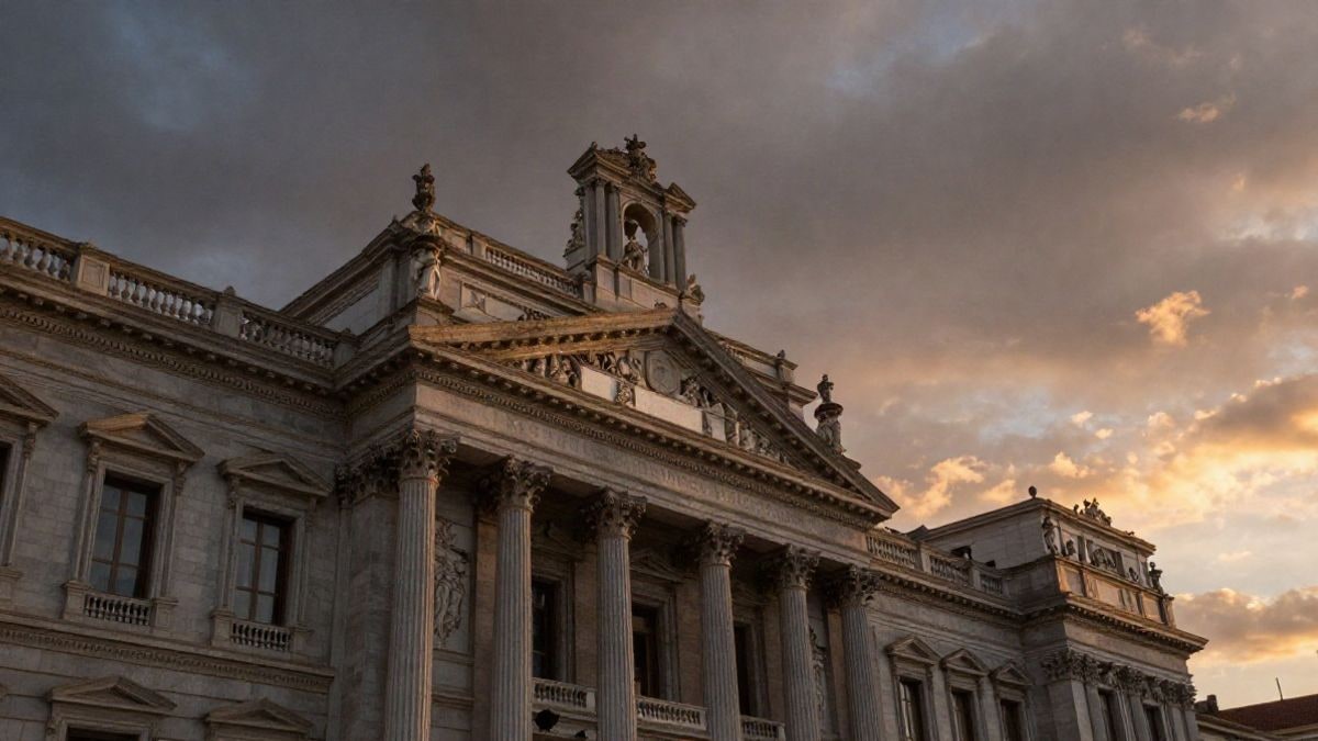 Illustrative image: architectural detail of a Spanish legislative building at sunset, with dramatic lighting and blurred background.