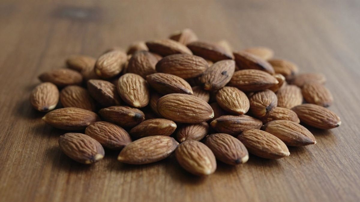 Illustrative image: detail of almonds on a wooden table, with no identifiable people or elements.