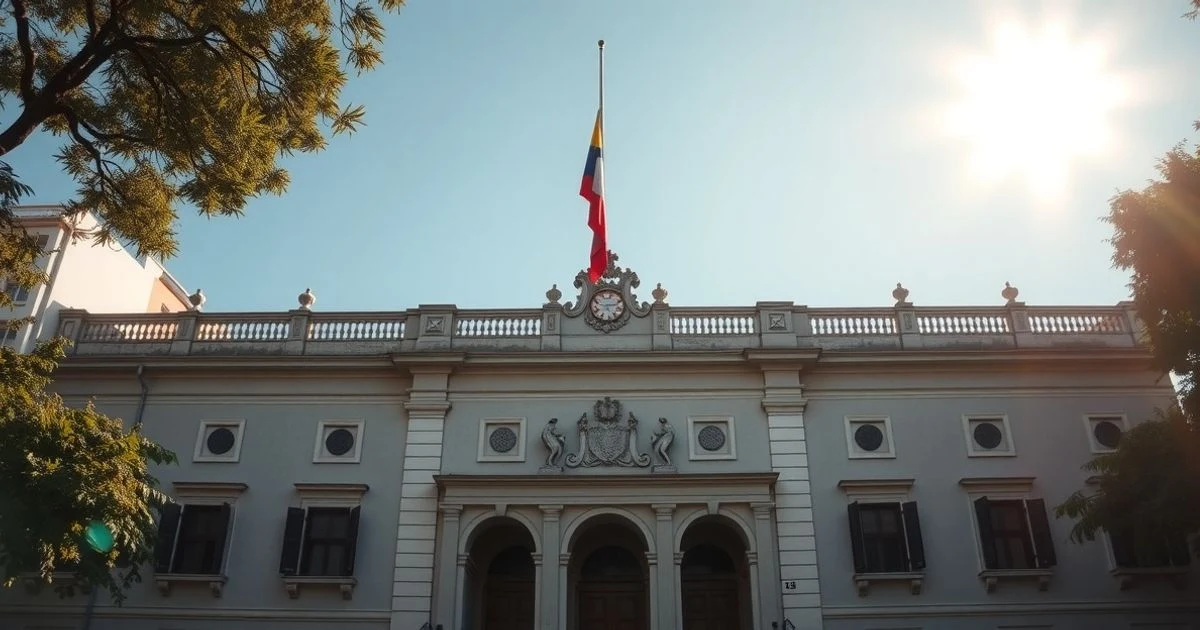Fachada de la Casa de Nariño en Bogotá con bandera colombiana