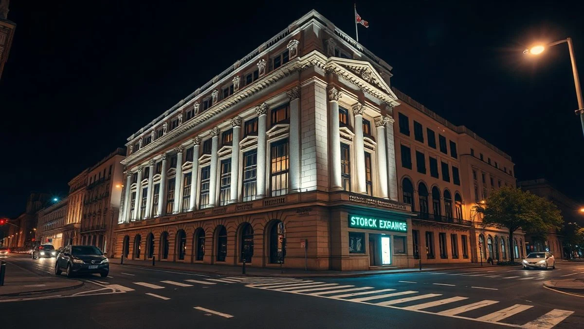 Fachada del edificio de la Bolsa de Madrid iluminada por farolas y neón por la noche, sin personas