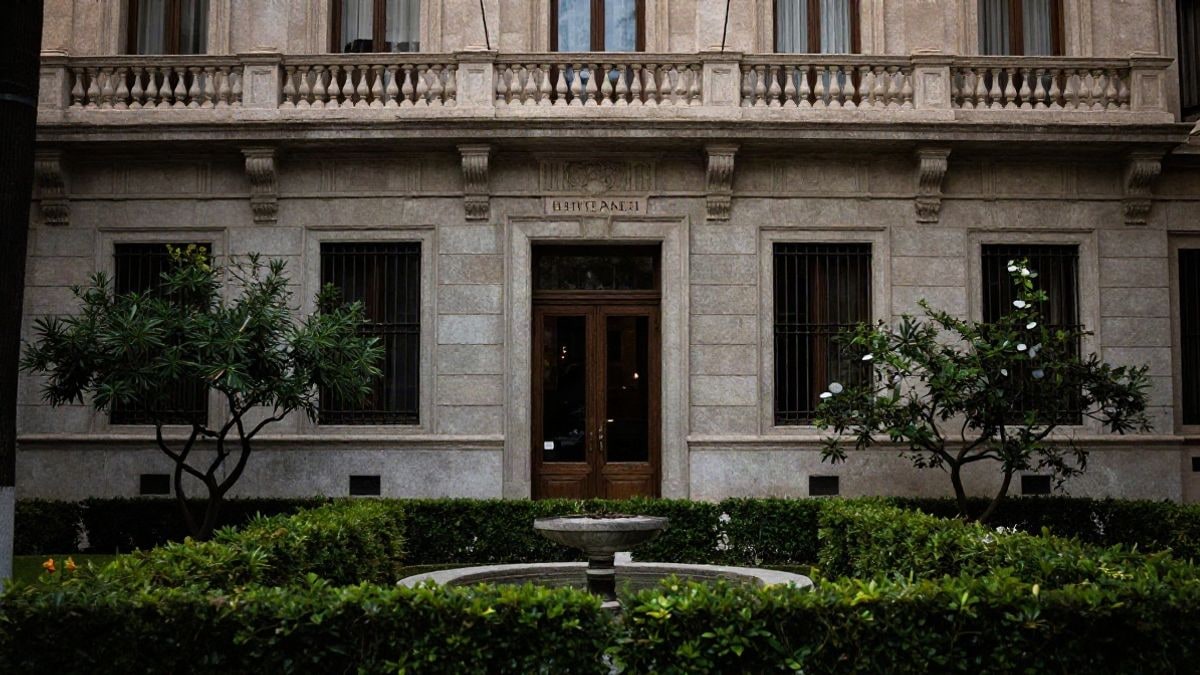 Illustrative image: facade of a historic building with a garden, representing a financial institution's headquarters in an urban context