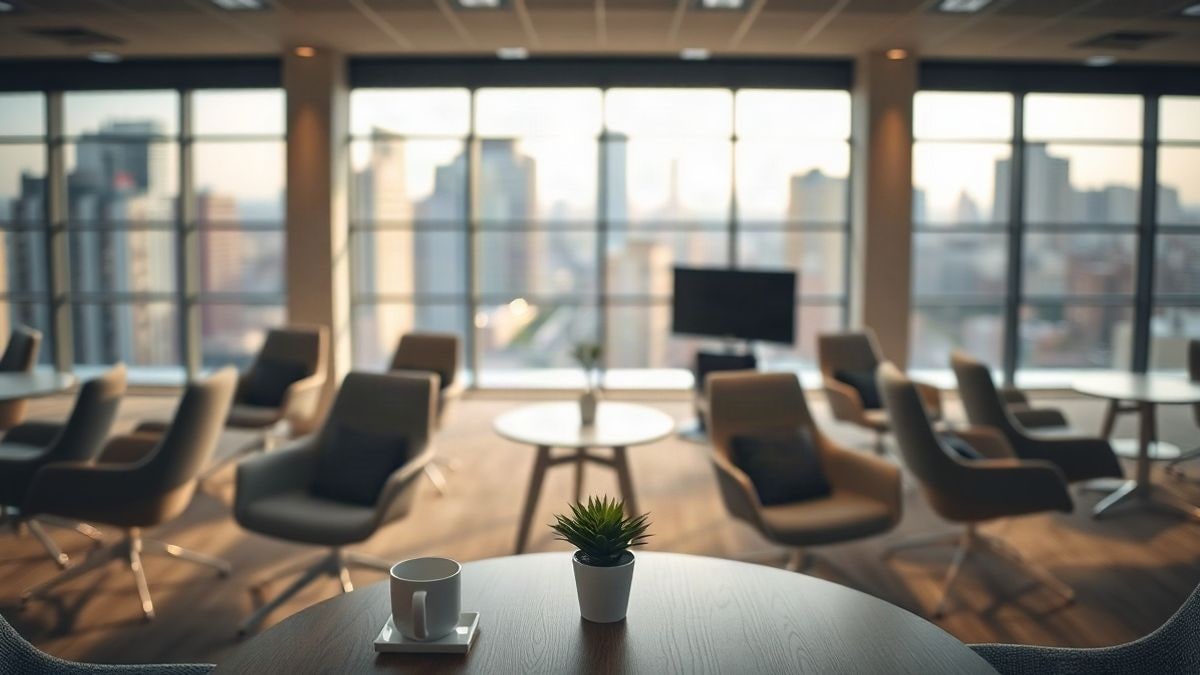 Illustrative image: auditorium with chairs arranged for a business meeting and tables with coffee