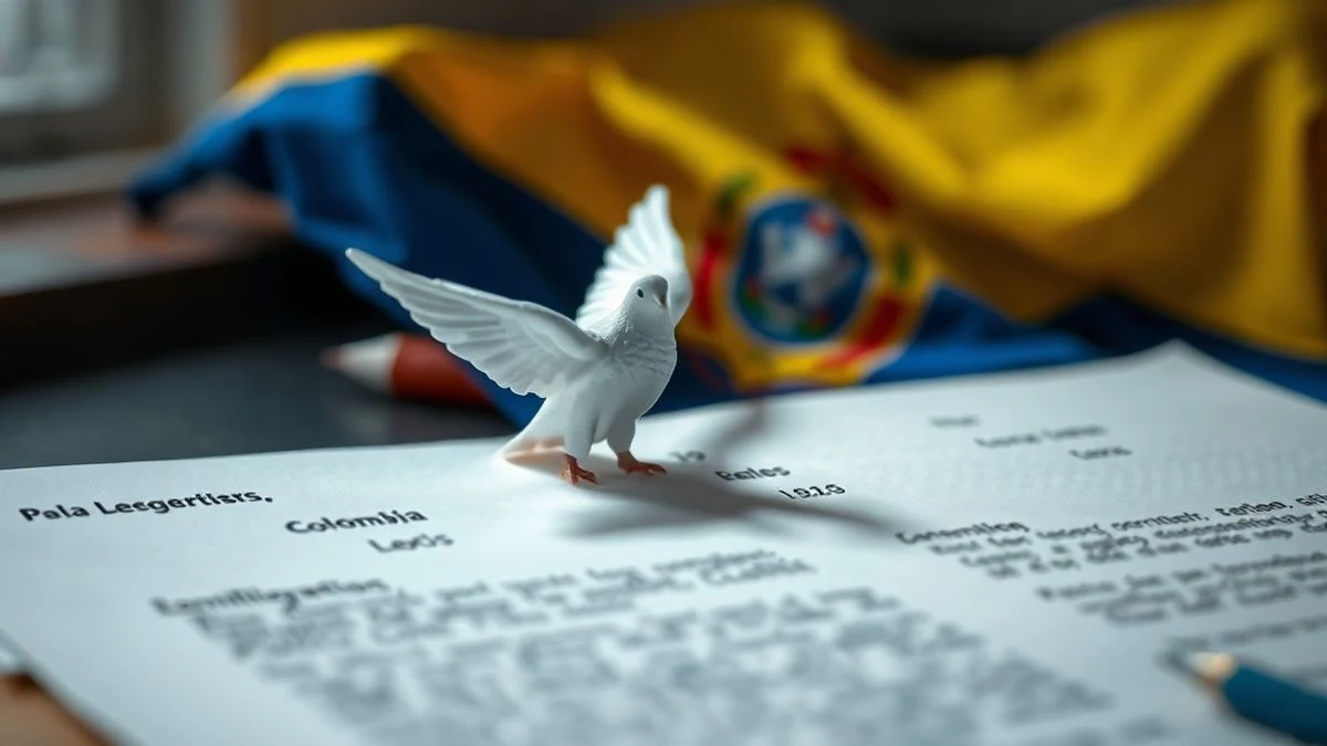 Documento del Acuerdo de Paz con una paloma de la paz y bandera de Colombia de fondo