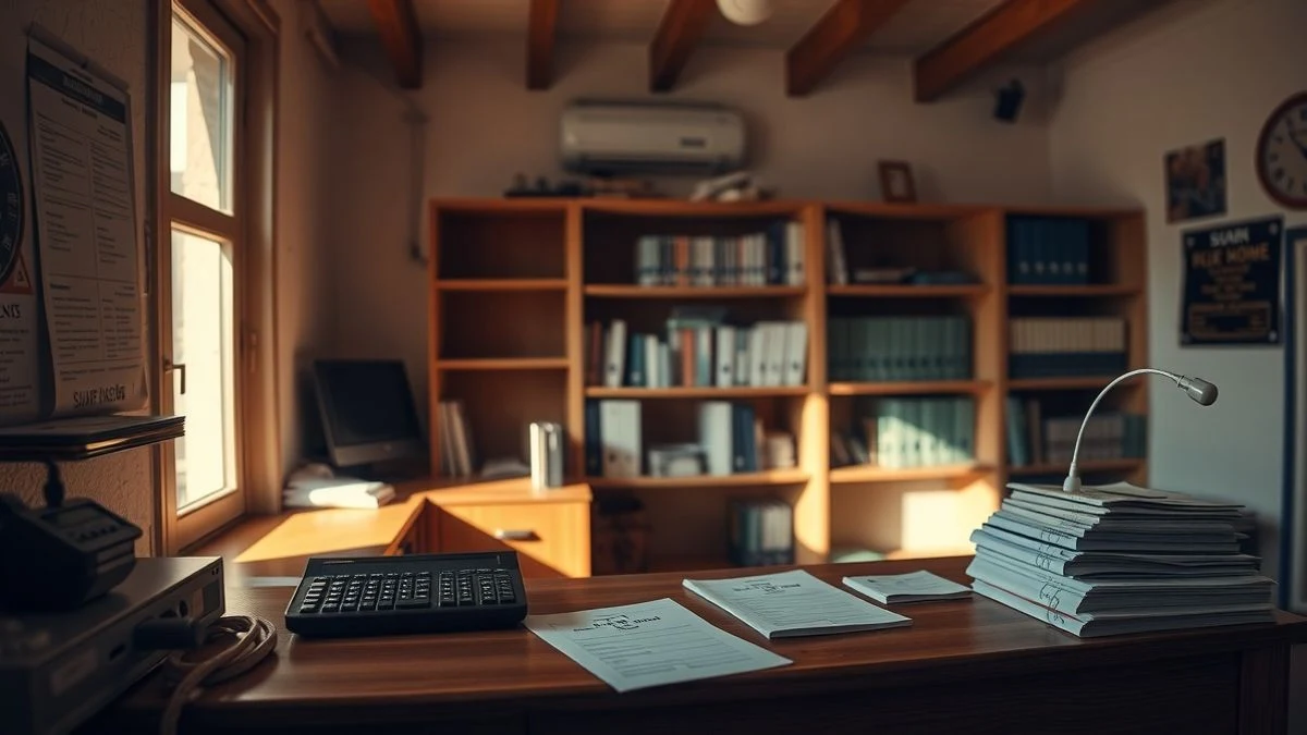 Imagen ilustrativa: interior de una sucursal bancaria rural con luz natural de ventana lateral, escritorio de madera con calculadora y papeles