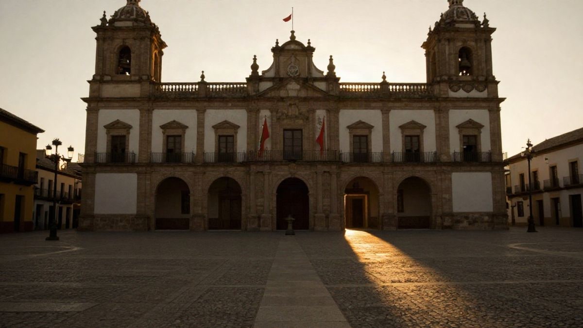 Imagen ilustrativa: fachada de un edificio institucional español al atardecer con sombras alargadas
