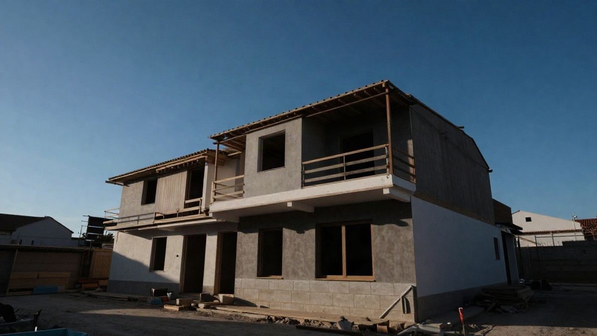 Illustrative image: low angle of a construction site with hotel structure and clear sky