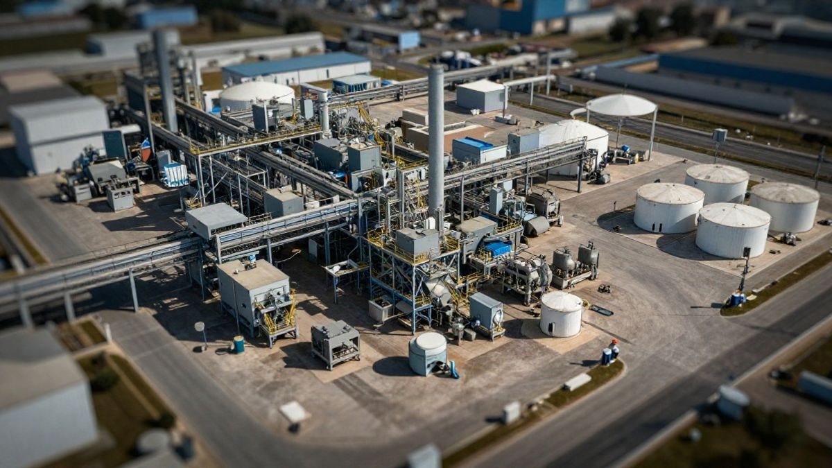 Illustrative image: aerial view of an expanding industrial plant, showing facilities and machinery in a production context