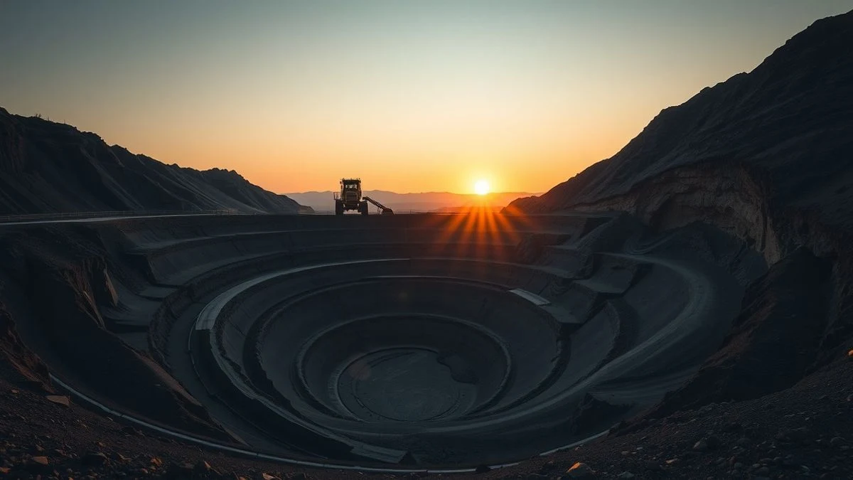 Imagen ilustrativa: Vista de una mina a cielo abierto al atardecer, con terrazas de roca y maquinaria pesada al fondo.