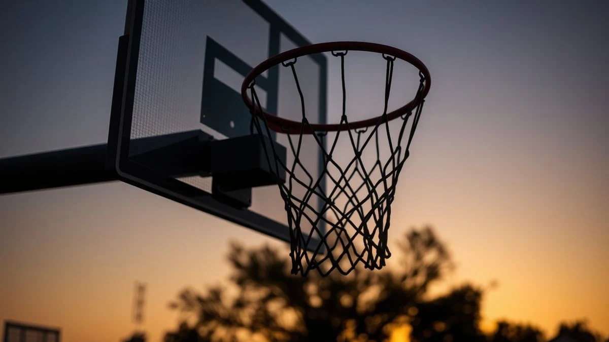 Canasta de baloncesto con red al atardecer, luz dramática y fondo desenfocado
