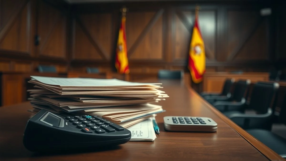 Documentos antiguos y una calculadora sobre una mesa de madera, con un fondo desenfocado de un estrado judicial y una bandera española