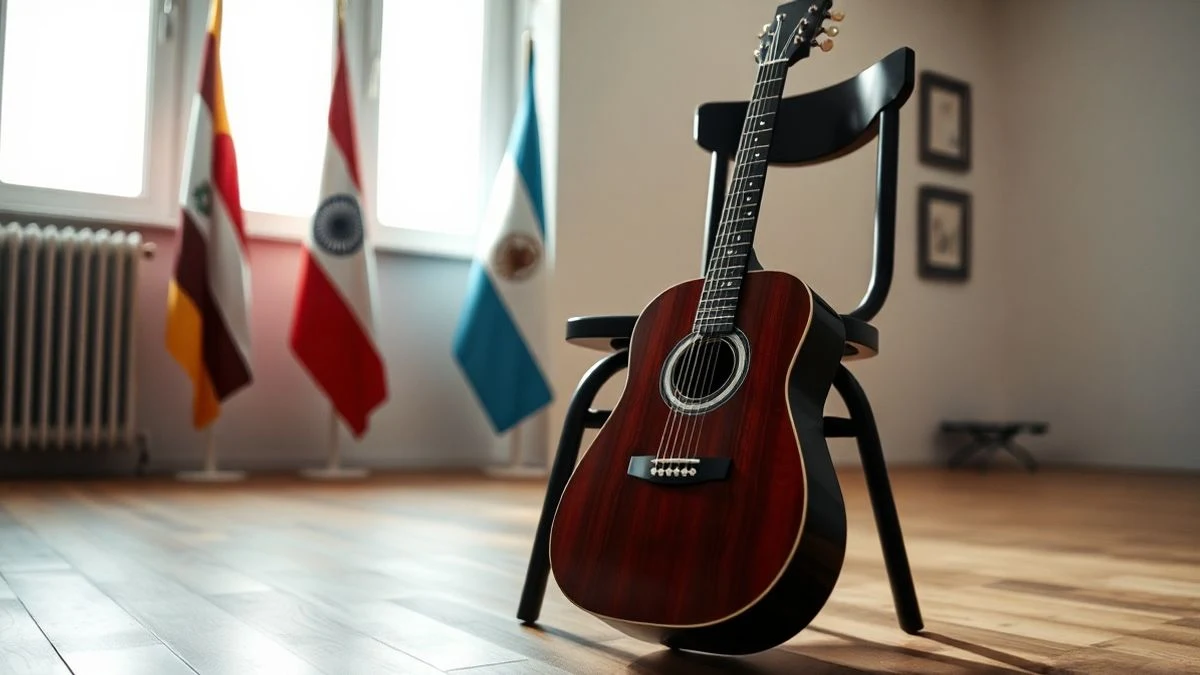 Guitarra acústica apoyada en una silla frente a una ventana con luz natural, con banderas de Argentina e Inglaterra desenfocadas al fondo