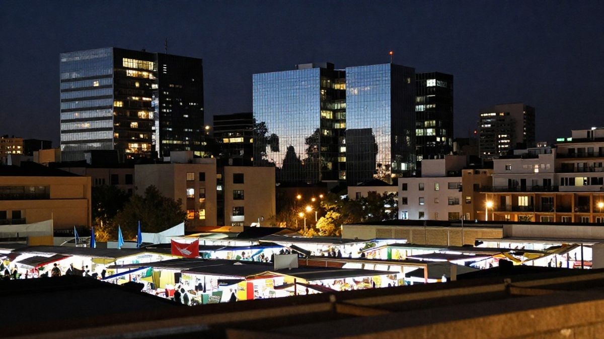 Illustrative image: night view of a lit urban skyline, reflections in glass buildings, representing the oil market generically.