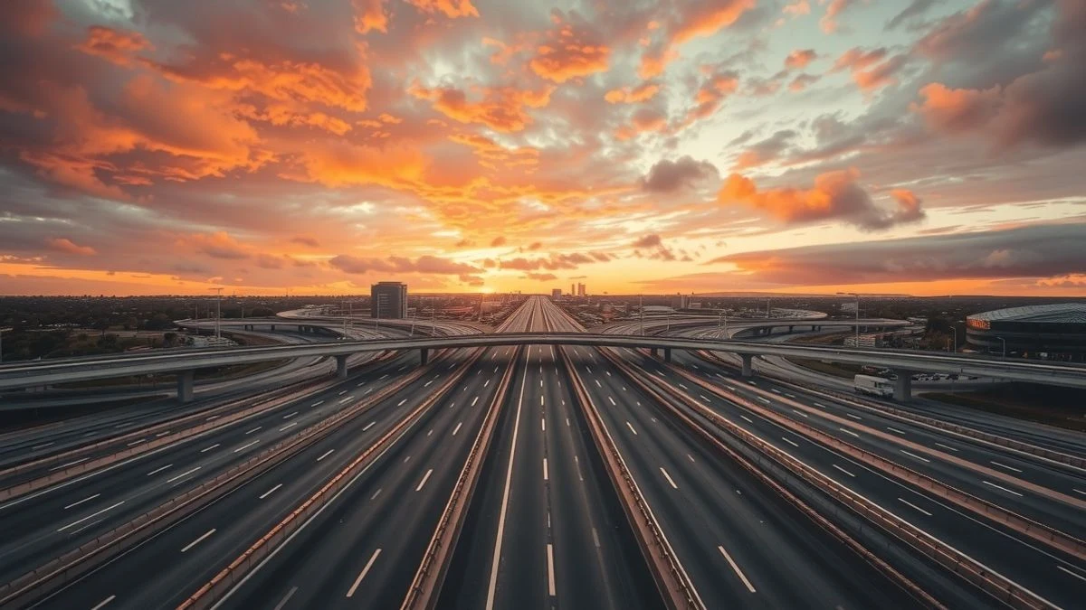 Autovía andaluza al atardecer con tráfico ligero y líneas de infraestructura convergentes