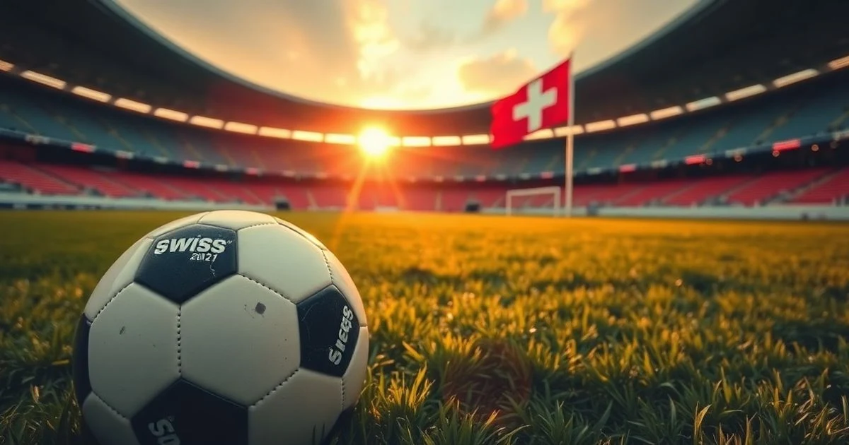 Balón de fútbol sobre el césped de un estadio vacío al atardecer con una bandera suiza de fondo
