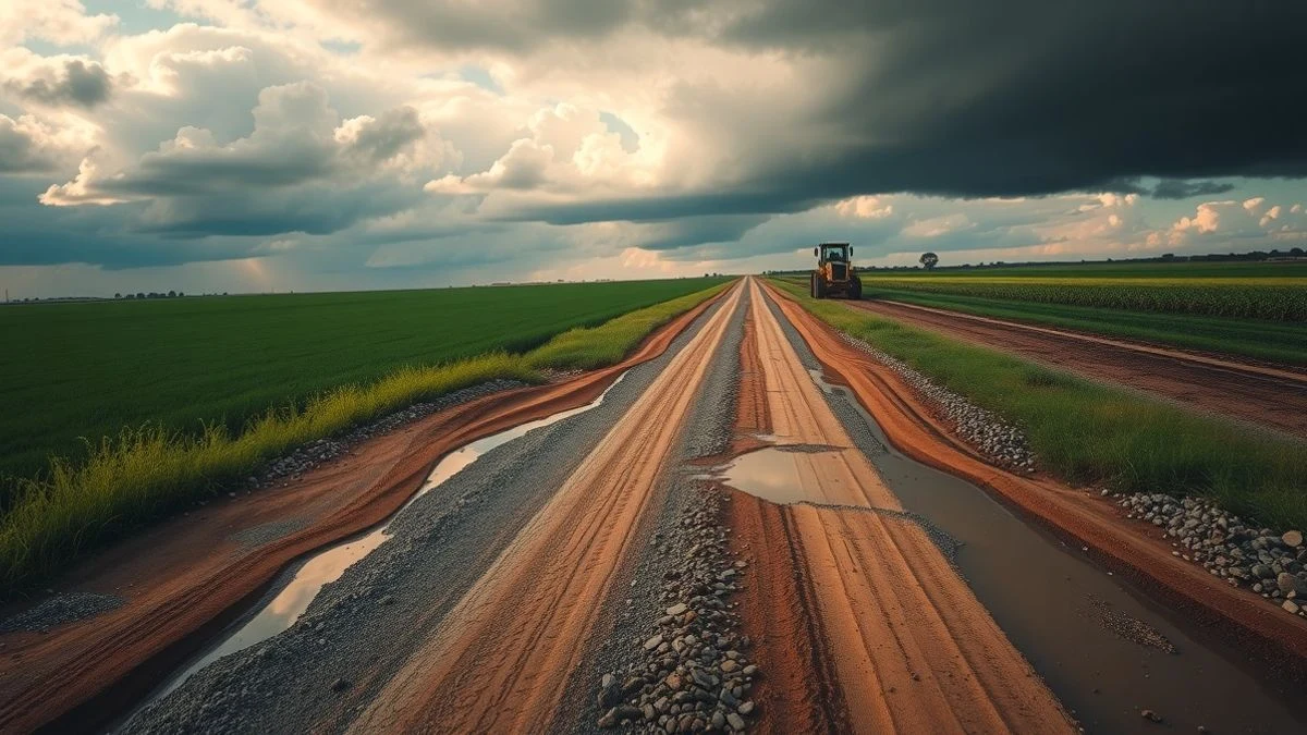 Camino rural con obras de reparación tras las lluvias, maquinaria al fondo