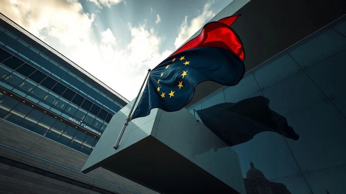 Imagen ilustrativa: fachada de un edificio institucional moderno con una bandera europea al atardecer