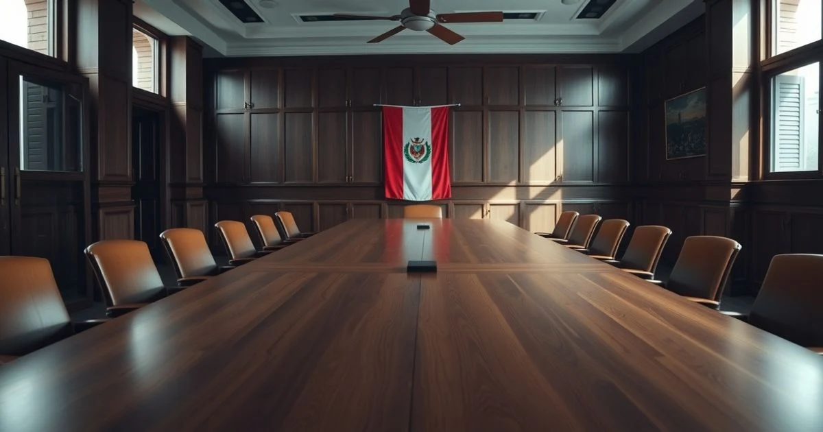 Sala de juntas vacía del Banco Central de Reserva del Perú con luz natural