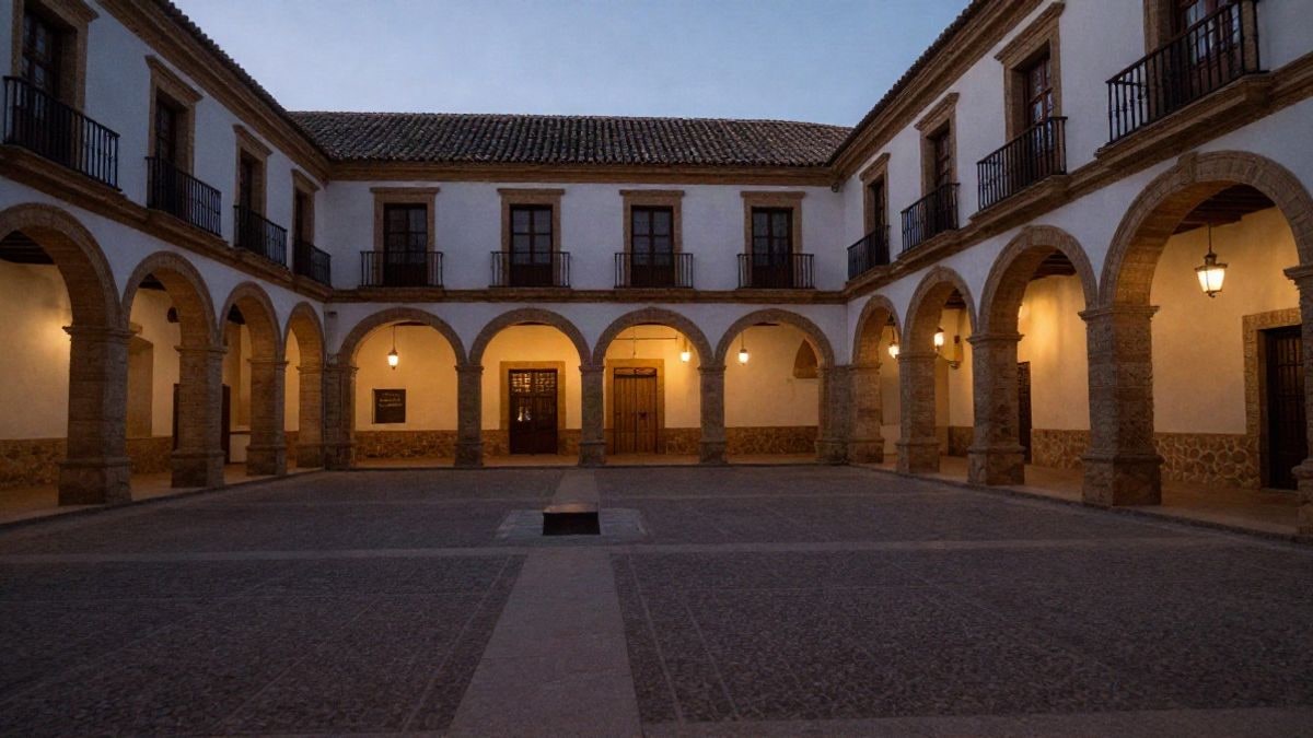 Illustrative image: a Spanish stately courtyard at sunset with a distant figure seen from behind