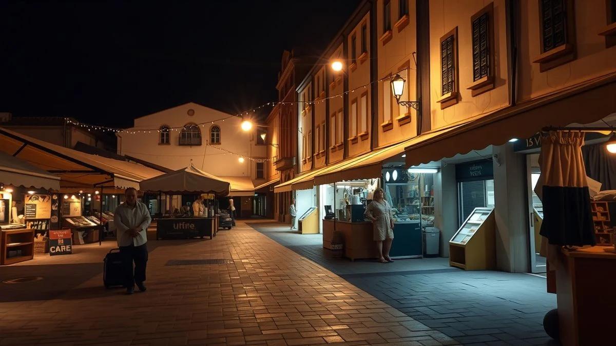 Imagen ilustrativa: plaza de un pueblo canario con puestos de mercadillo iluminados por farolas y luces de guirnalda, al atardecer