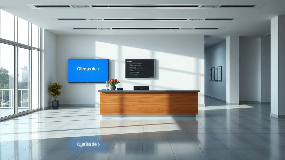 Imagen ilustrativa: un vestíbulo de oficina moderno y vacío con un panel digital de ofertas de empleo en la pared.