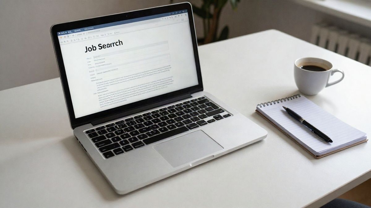 Imagen ilustrativa: vista cenital de un escritorio con portátil y cuaderno para buscar empleo