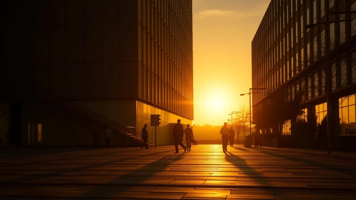 Imagen ilustrativa: edificio de oficinas al atardecer con siluetas de personas saliendo del trabajo, sombras largas y luz cálida.