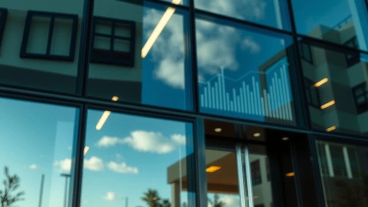 Fachada de un edificio de oficinas moderno con reflejos y gráficos financieros sutiles