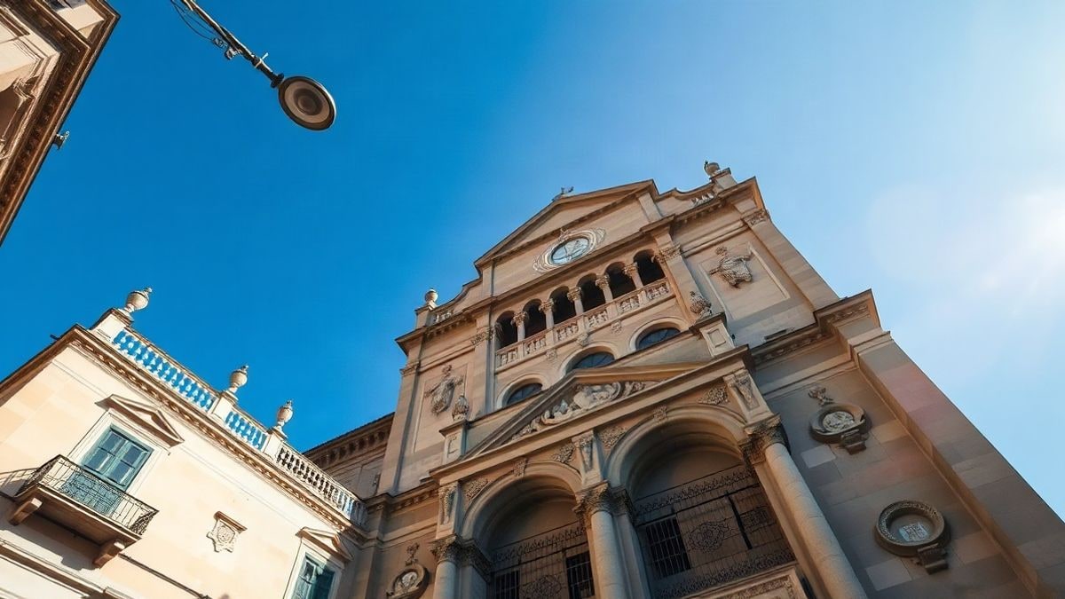 Imagen ilustrativa: ángulo bajo de la fachada de una catedral histórica con cielo despejado al fondo
