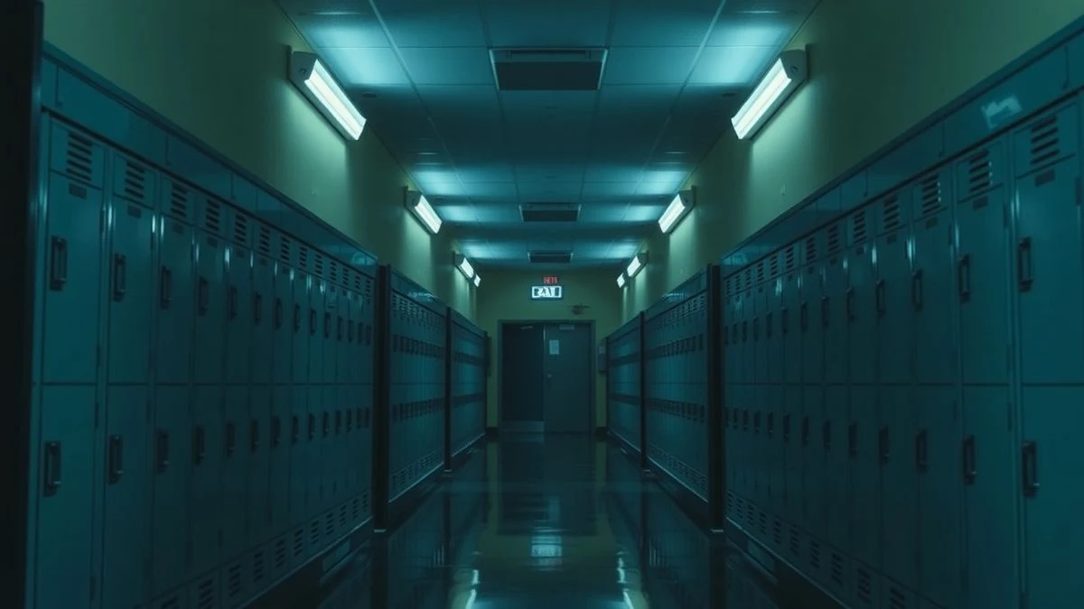 Imagen ilustrativa: pasillo de escuela con taquillas, vacío, iluminado por luces fluorescentes, ambiente nocturno