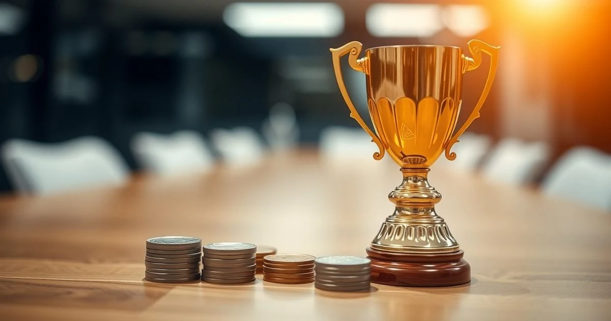 Trofeo dorado y monedas de euro sobre una mesa de madera, con fondo de sala de conferencias