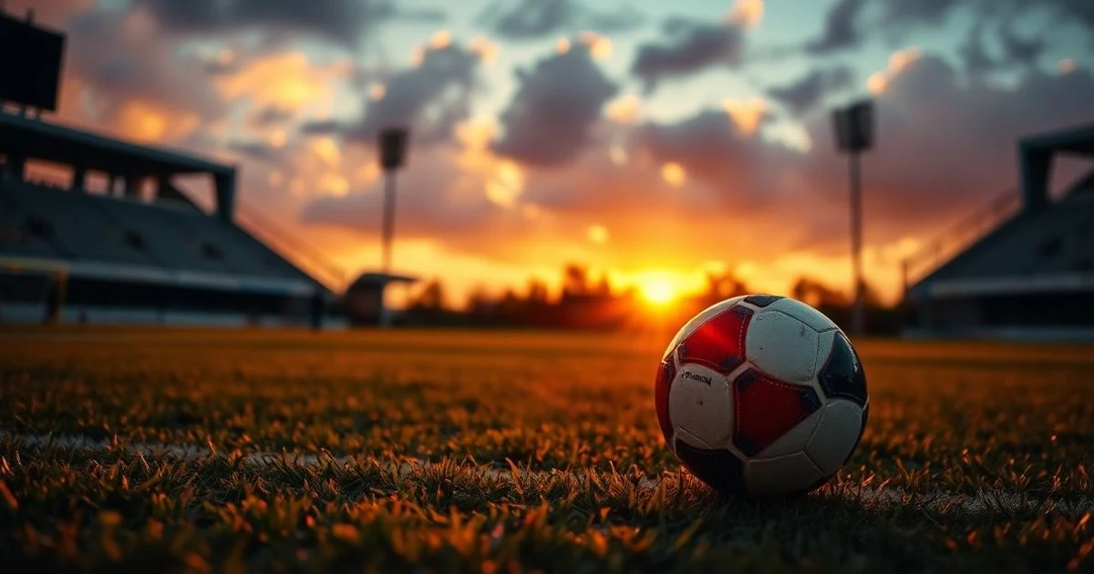 Campo de fútbol vacío al atardecer con un balón sobre el césped y porterías al fondo